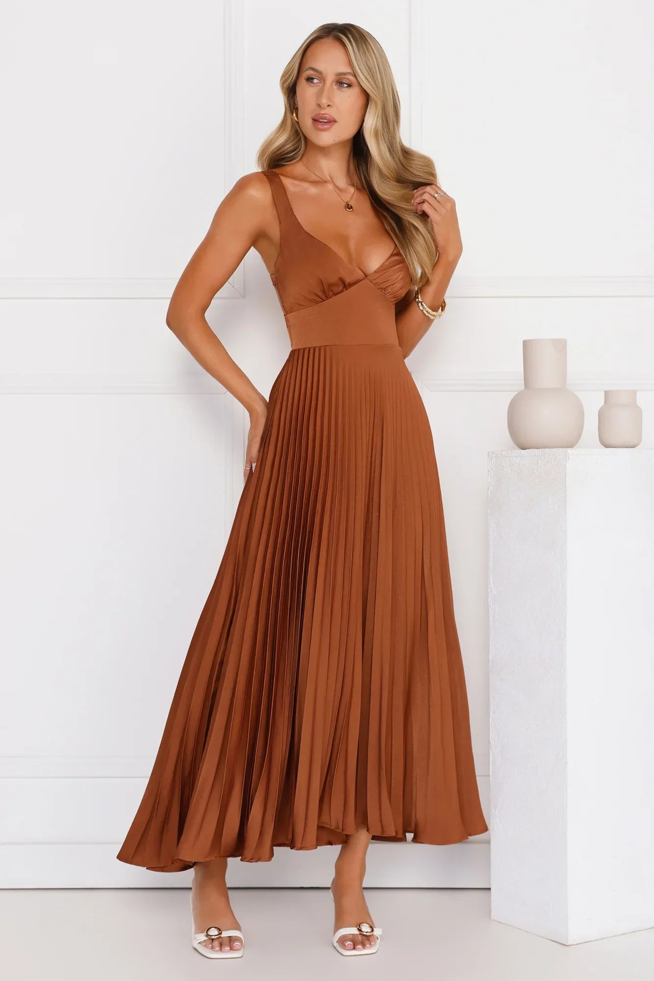 Evening Reverie Pleated Maxi Dress Brown