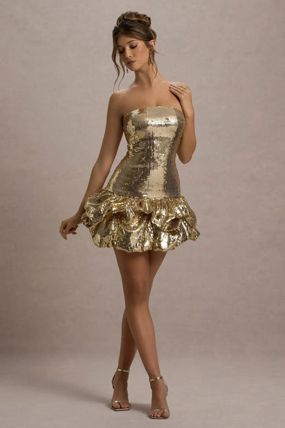 Mirabelle | Gold Sequin Bandeau Mini Dress With Puff Hem