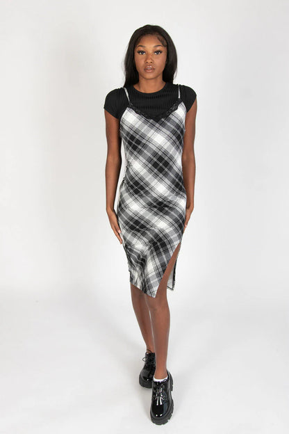 Lace Trim Plaid Midi Dress With Tee