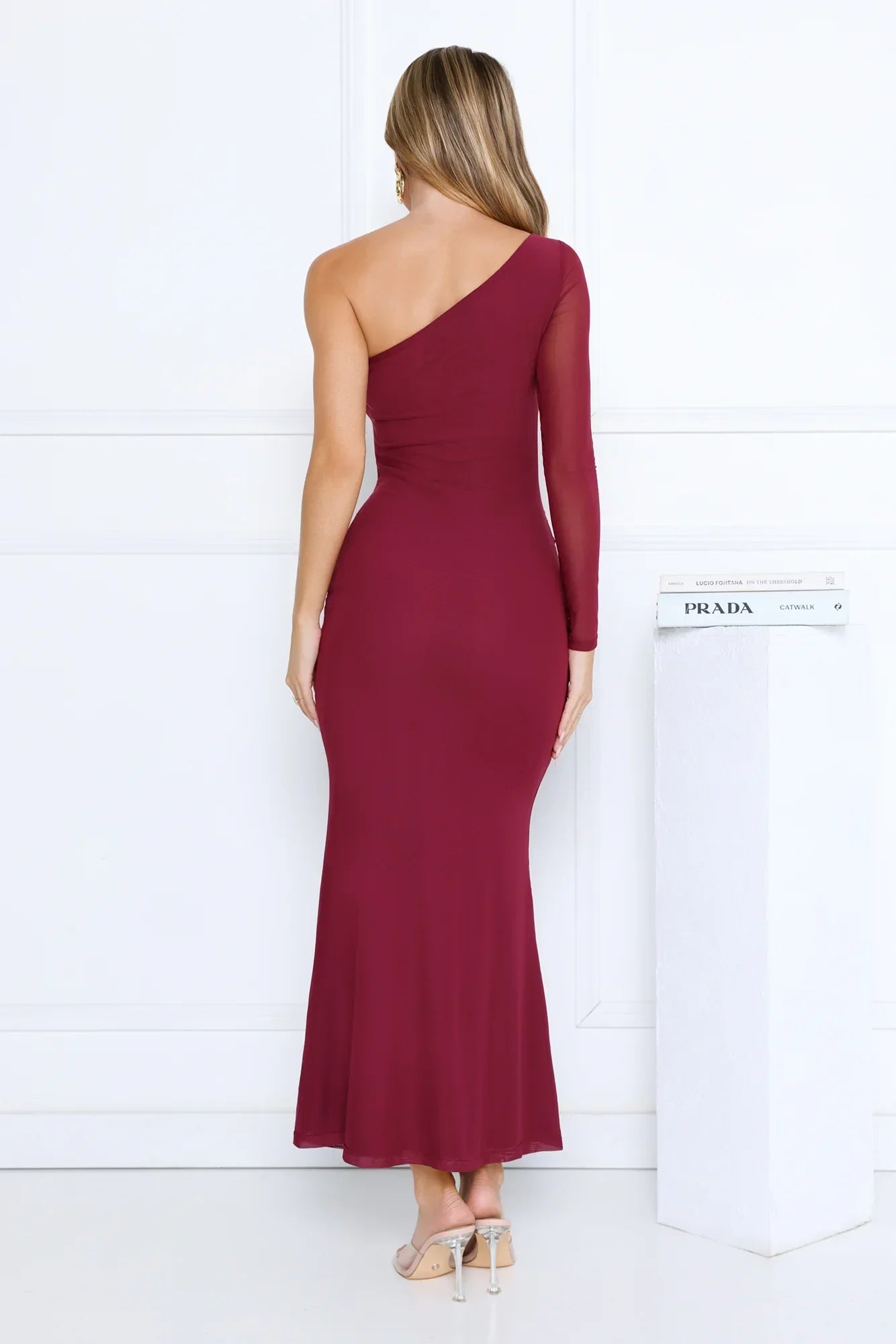 Dressed In Love One Shoulder Mesh Maxi Dress Plum