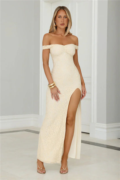 Cherished Off Shoulder Lace Maxi Dress Lemon
