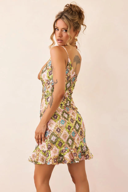 Mirage Mosaic Sequin Mini Dress - Lime Mult