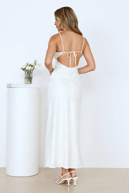 Floral Kiss Satin Maxi Dress Beige