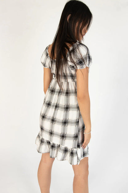 Granite Plaid Puff Sleeve Babydoll Dress