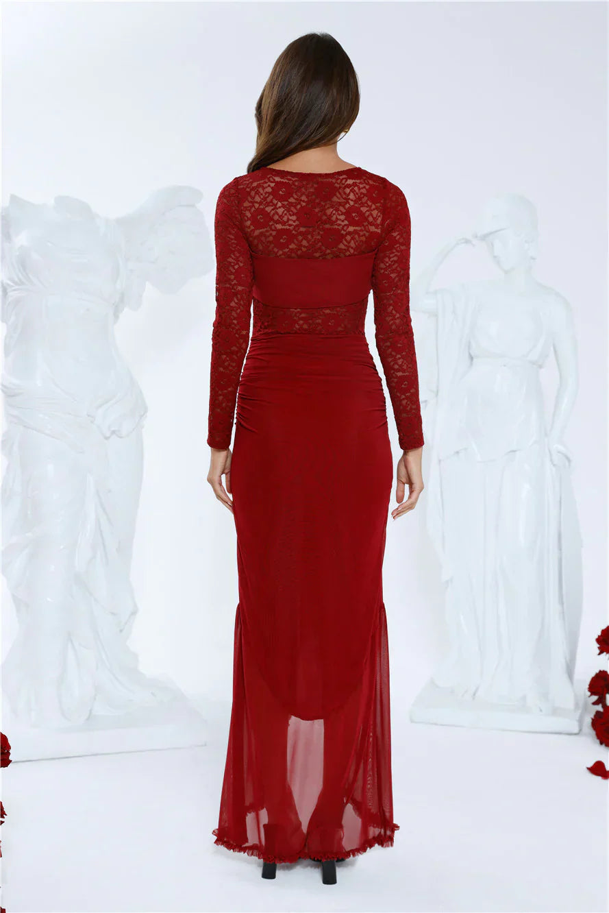Flirtation Hour Lace Long Sleeve Maxi Dress Burgundy