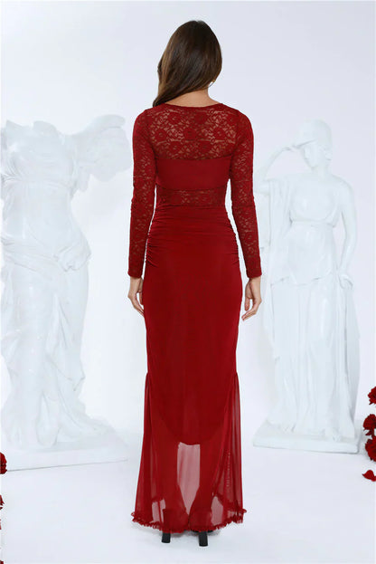 Flirtation Hour Lace Long Sleeve Maxi Dress Burgundy