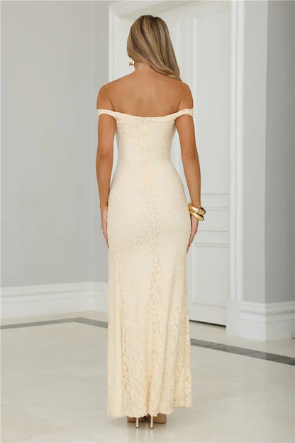 Cherished Off Shoulder Lace Maxi Dress Lemon