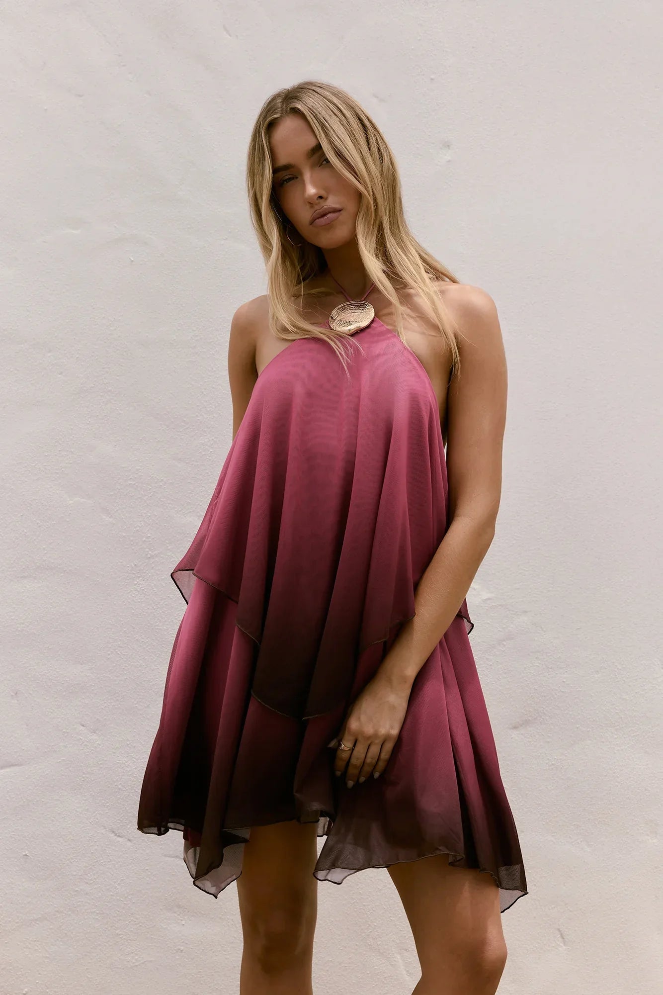 Daydream Diva Halter Mesh Mini Dress Plum
