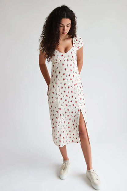 Rose Print Empire Waist Puff Sleeve Dress