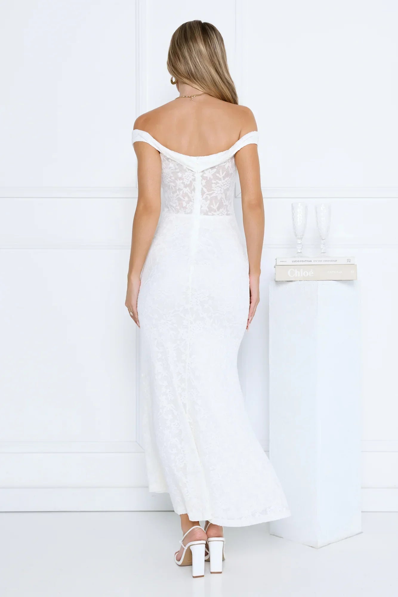 Ivory Veil Off Shoulder Lace Maxi Dress White
