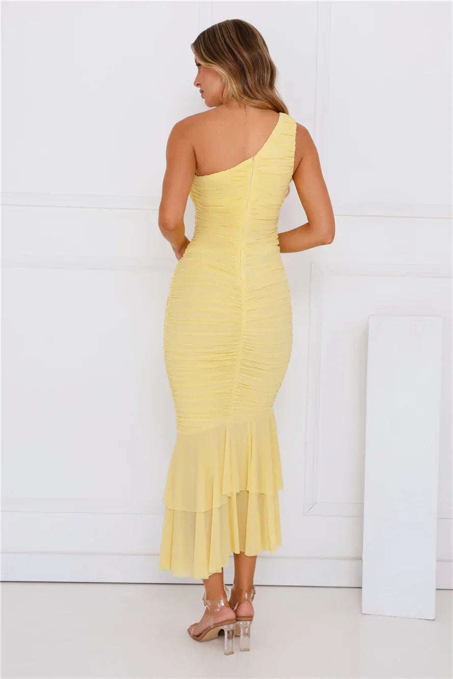 Misty Isles One Shoulder Mesh Maxi Dress Yellow