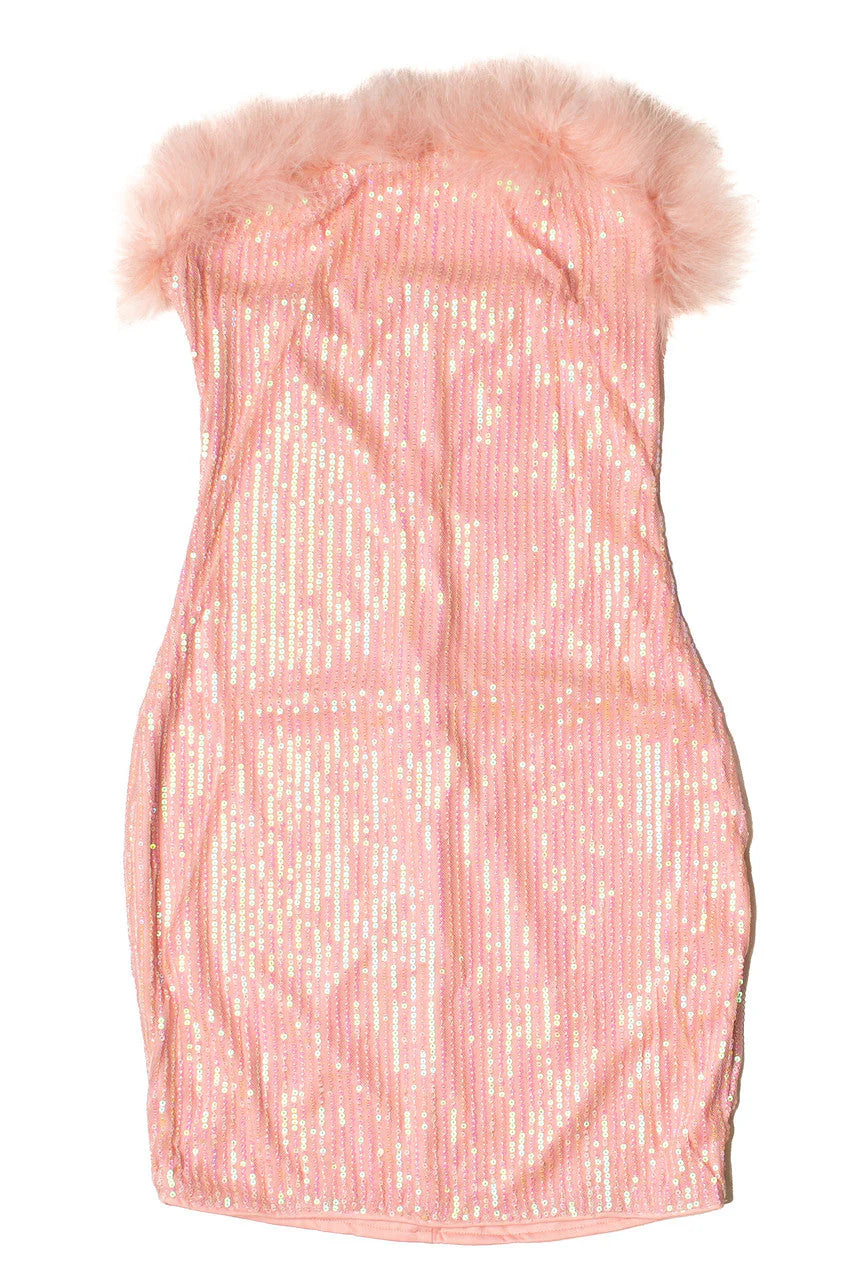 Sequin Fur Trim Strapless Mini Dress
