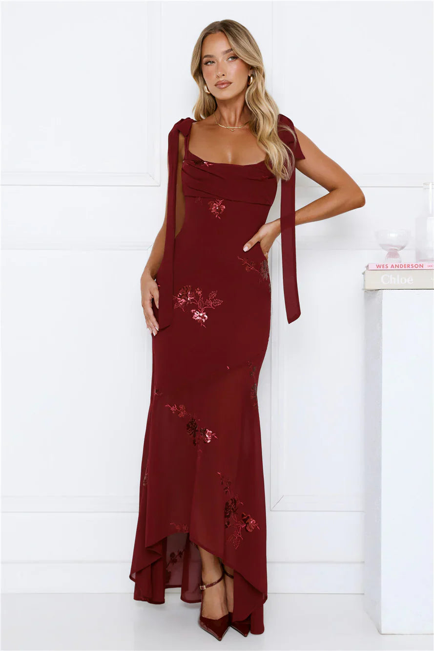 Flirty Sequin Embroidered High-Low Maxi Dress Maroon