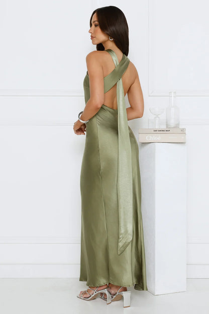 Glow Up Gal Satin Maxi Dress Green
