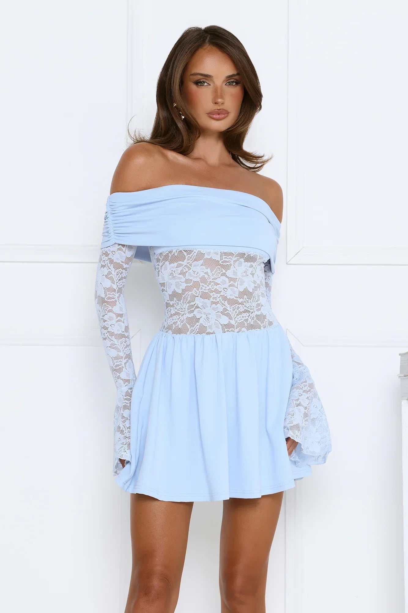 In the Loop Off Shoulder Lace Mini Dress Blue
