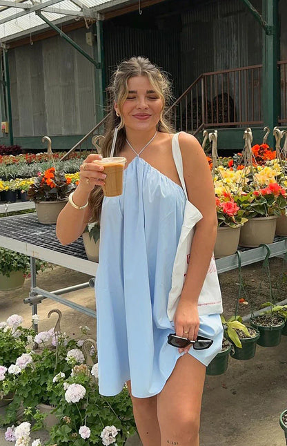 Talei Blue Halter Puff Mini Dress