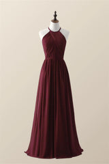 Halter Royal Blue Pleated Long Bridesmaid Dress