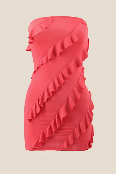 Strapless Coral Ruffled Bodycon Short Dress