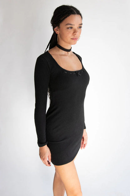 Ribbon Detail Ribbed Sweater Dress