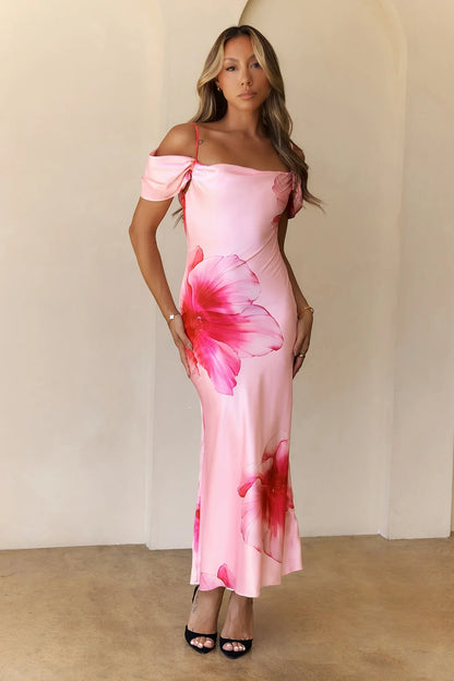Berry Swirl Satin Maxi Dress Pink