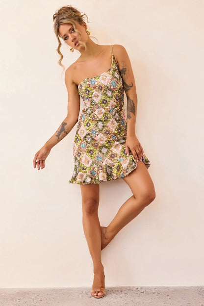 Mirage Mosaic Sequin Mini Dress - Lime Mult