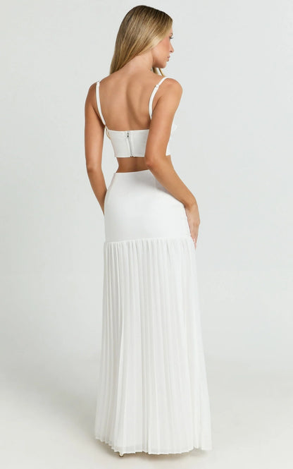 Rowan Two Piece Set - Square Neck Crop Top and High Waist Pleated Skirt Set in Ivory
