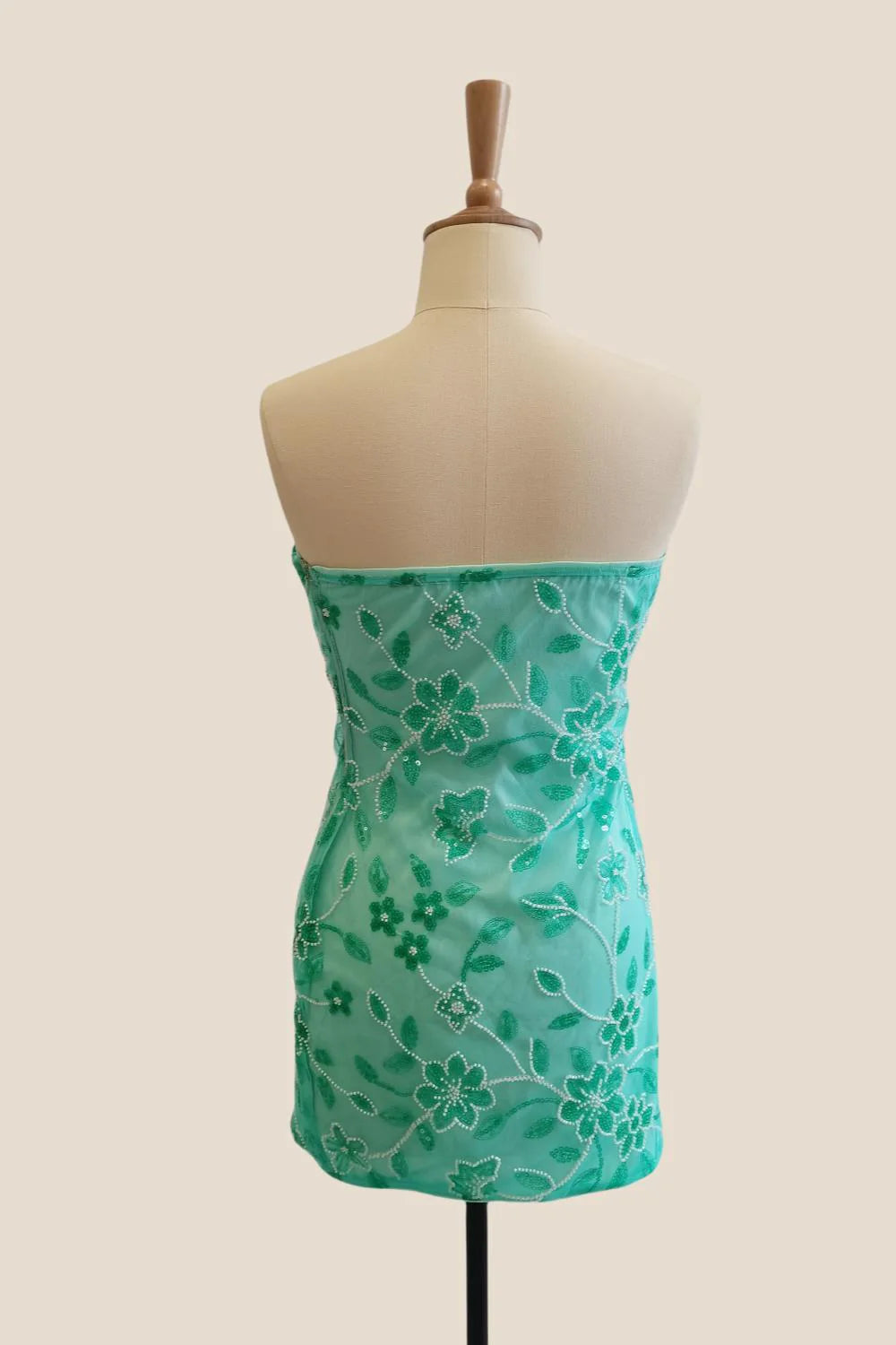 Strapless Sage Beaded Flowers Tight Short Dress
