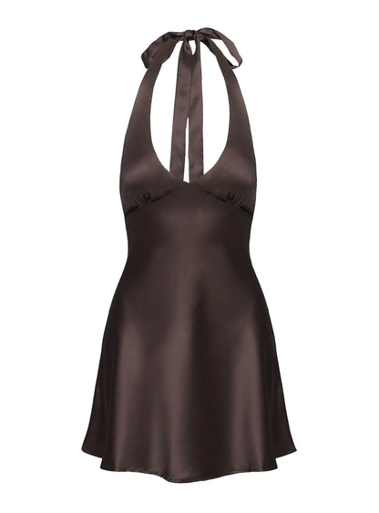 Pelagia Halter Scarf Tie Mini Dress Brown