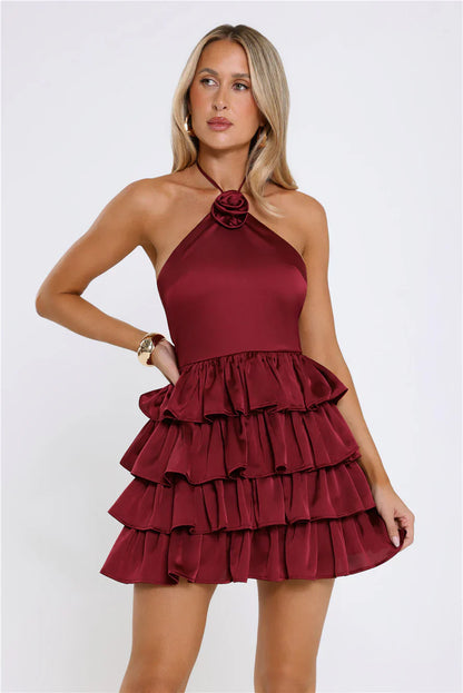 Moonlit Star Halter Satin Mini Dress Burgundy