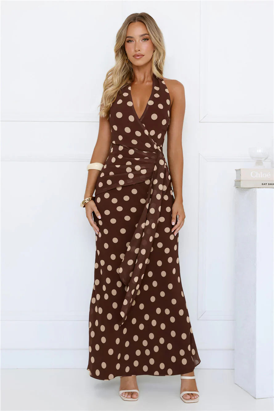 Nova Nights Halter Polka Dot Maxi Dress Brown