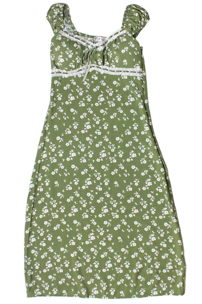 Puff Sleeve Lace Trim Floral Maxi Dress