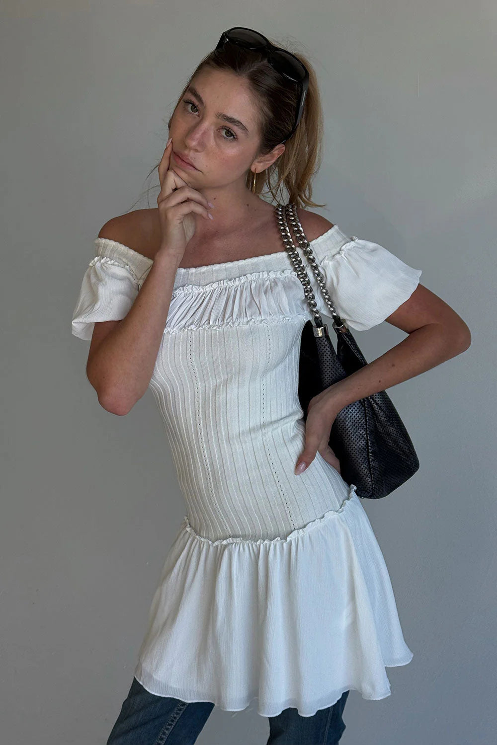 Aura Off The Shoulder Mini Dress - Coconut Cream