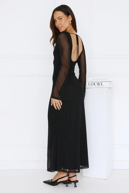Golden Flower Mesh Long Sleeve Maxi Dress Black