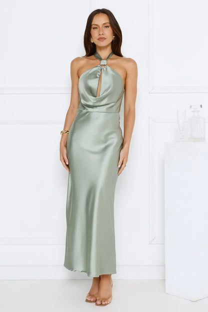 Essence of Style Halter Satin Maxi Dress Sage