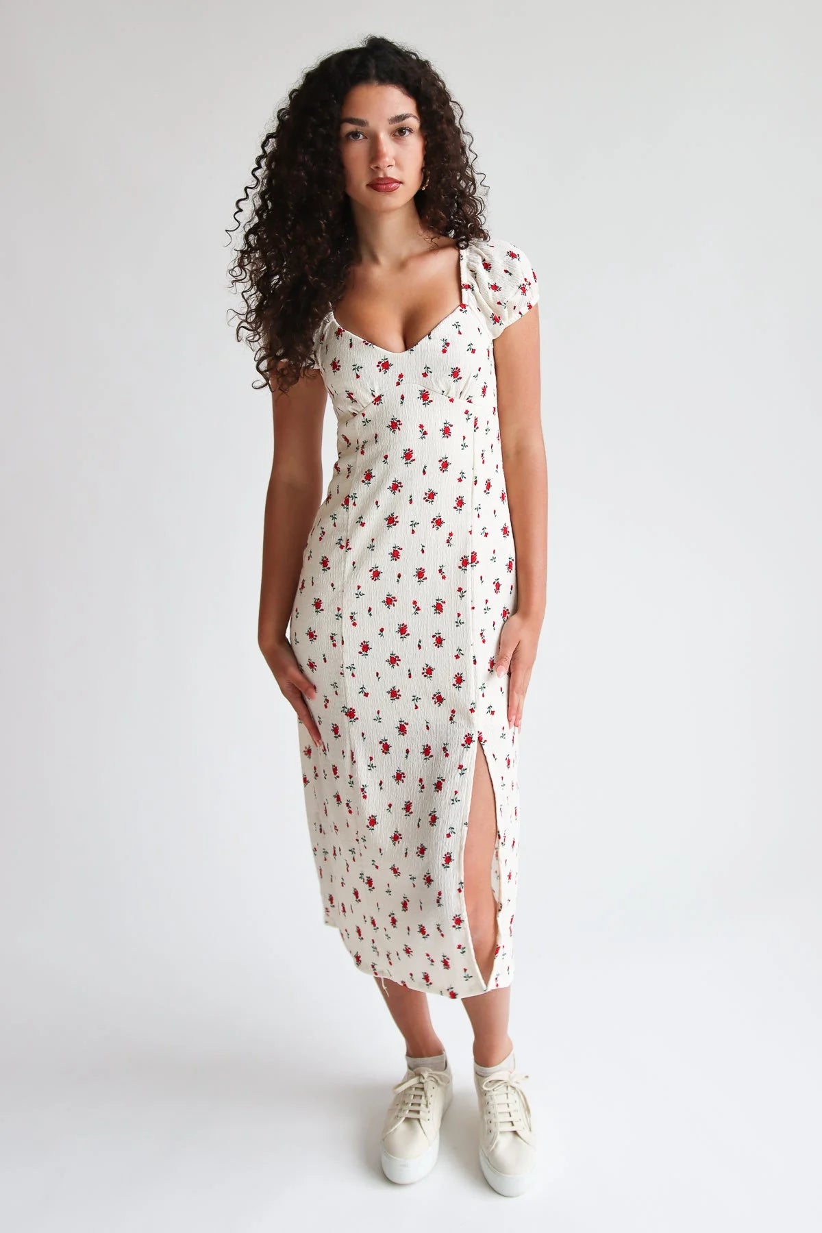 Rose Print Empire Waist Puff Sleeve Dress