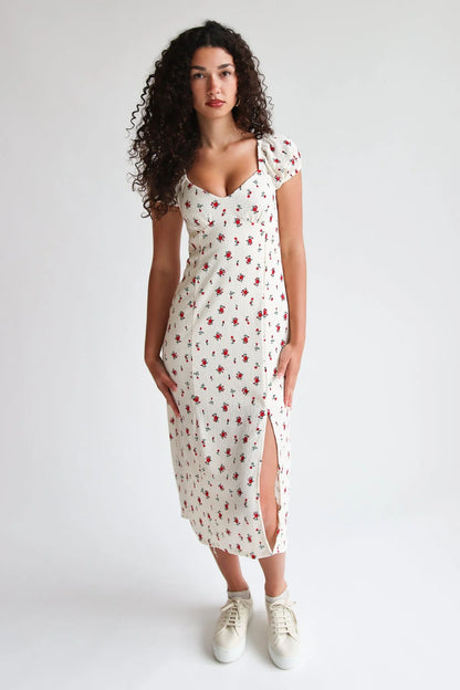 Rose Print Empire Waist Puff Sleeve Dress