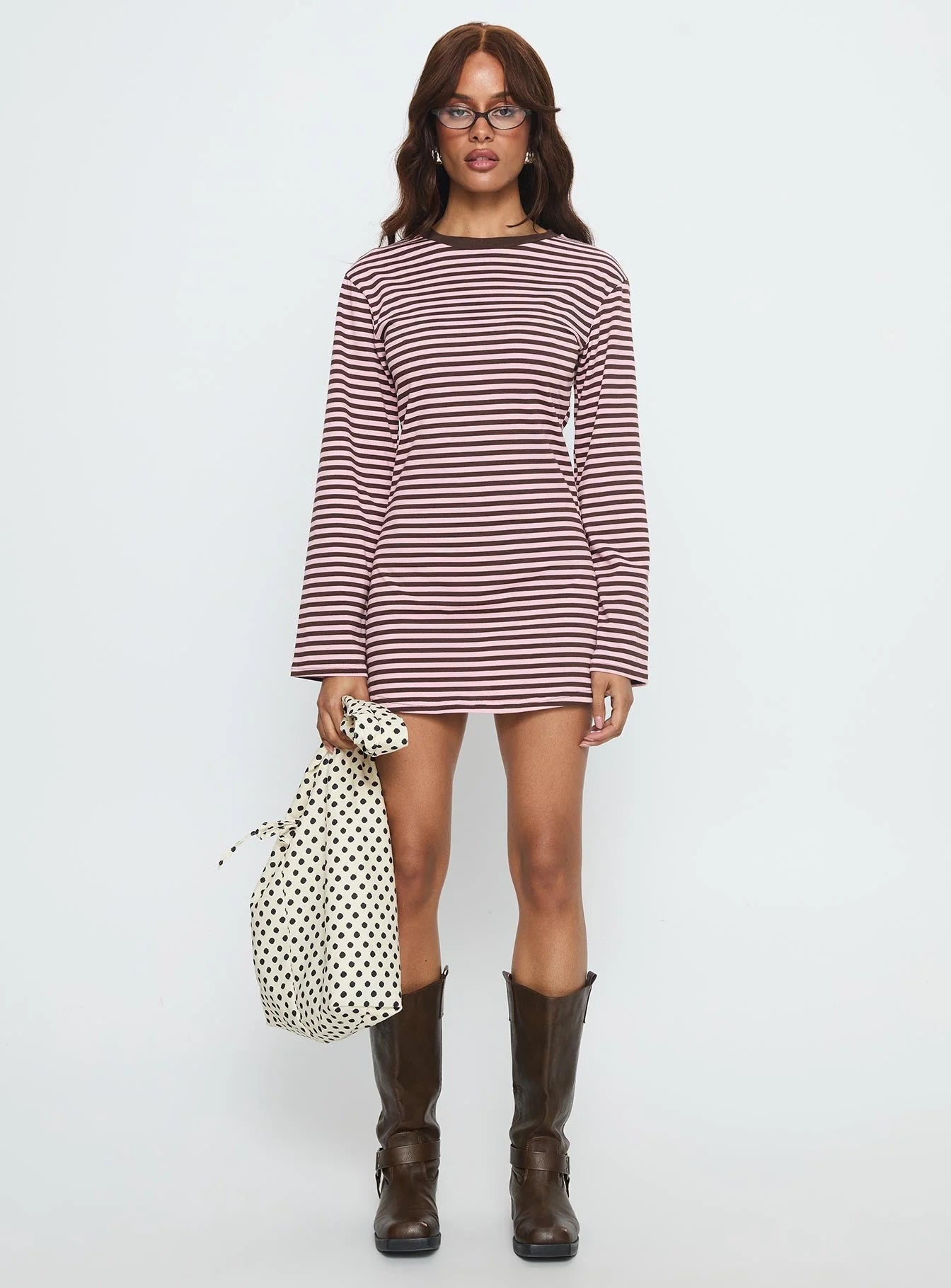 Lulolah Long Sleeve Mini Dress Chocolate / Pink Stripe