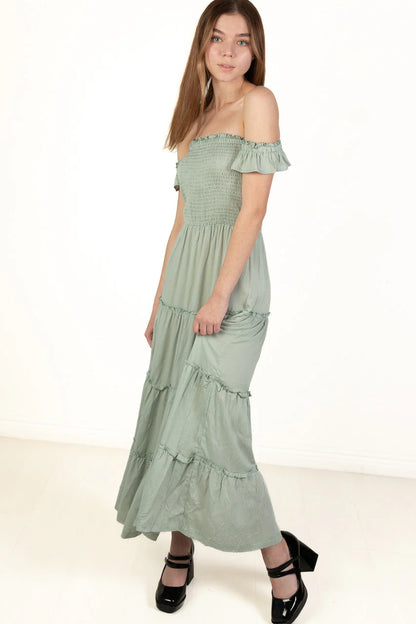 Spring Green Over The Shoulder Tiered Maxi Dress