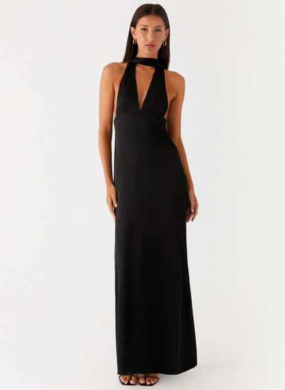 Alicia Satin Halter Maxi Dress - Black