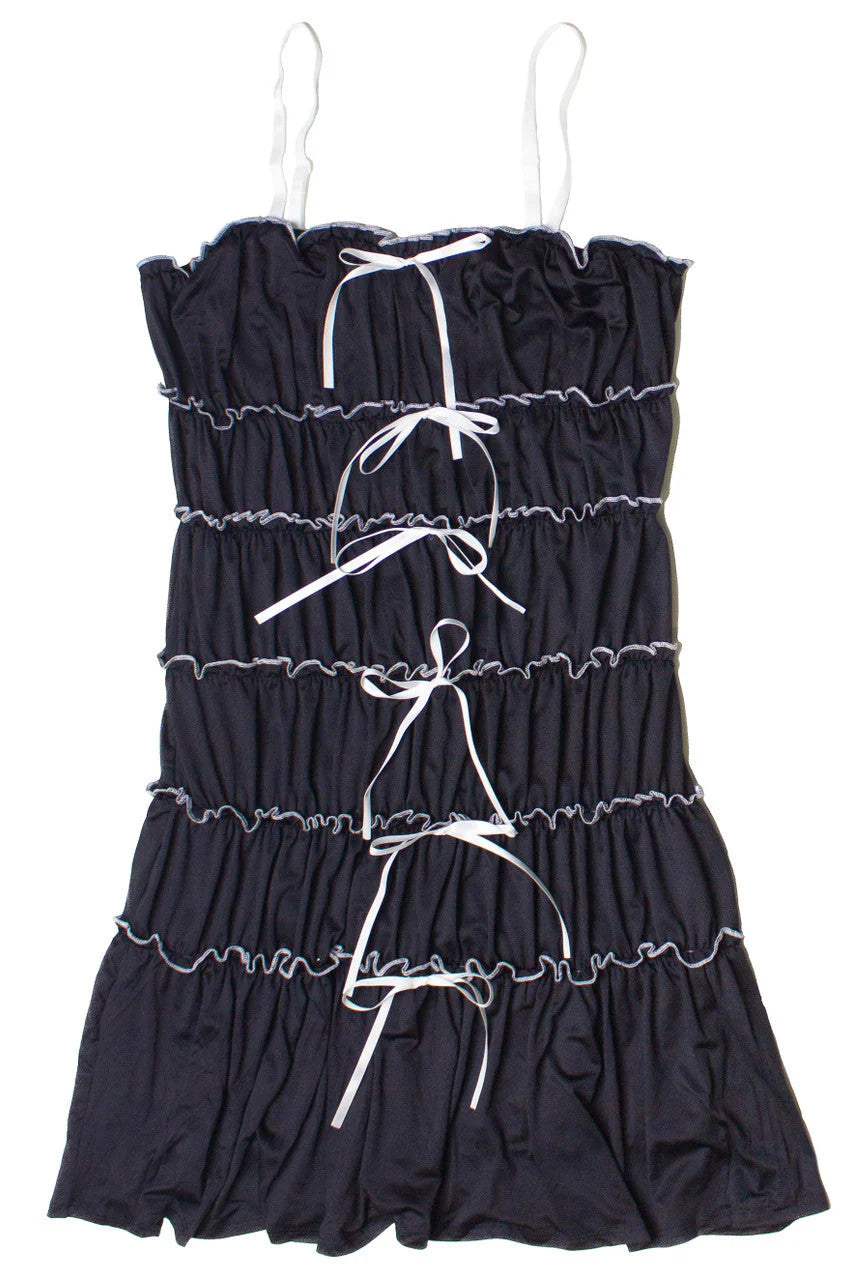 Contrast Stitch Ribbon Bow Tiered Mini Dress