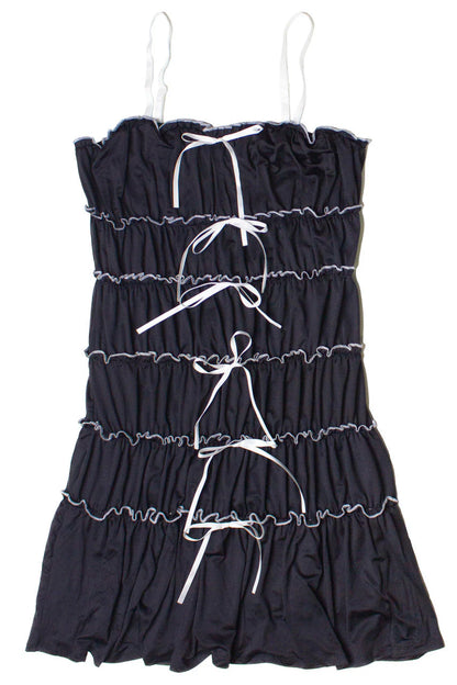 Contrast Stitch Ribbon Bow Tiered Mini Dress