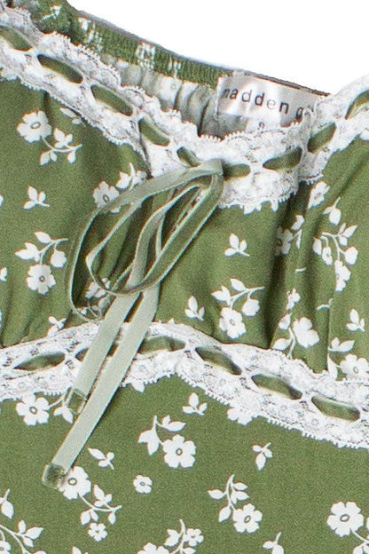 Puff Sleeve Lace Trim Floral Maxi Dress