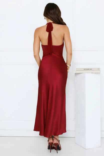 Nocturnal Bloom Satin Halter Maxi Dress Plum