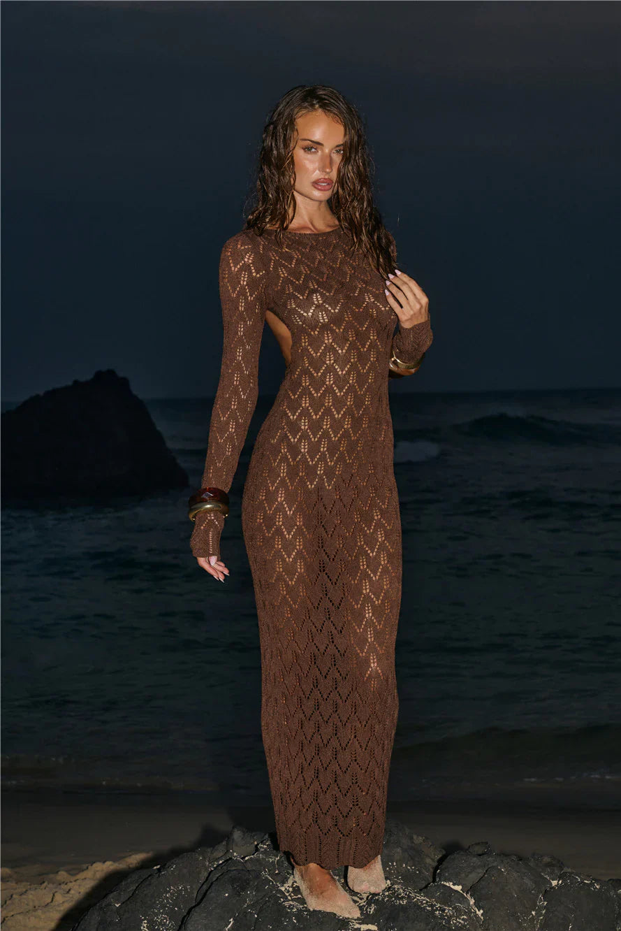 Island Aura Long Sleeve Knit Maxi Dress Chocolate