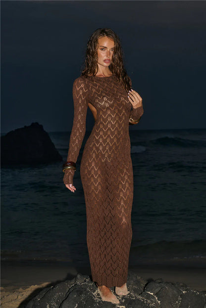 Island Aura Long Sleeve Knit Maxi Dress Chocolate