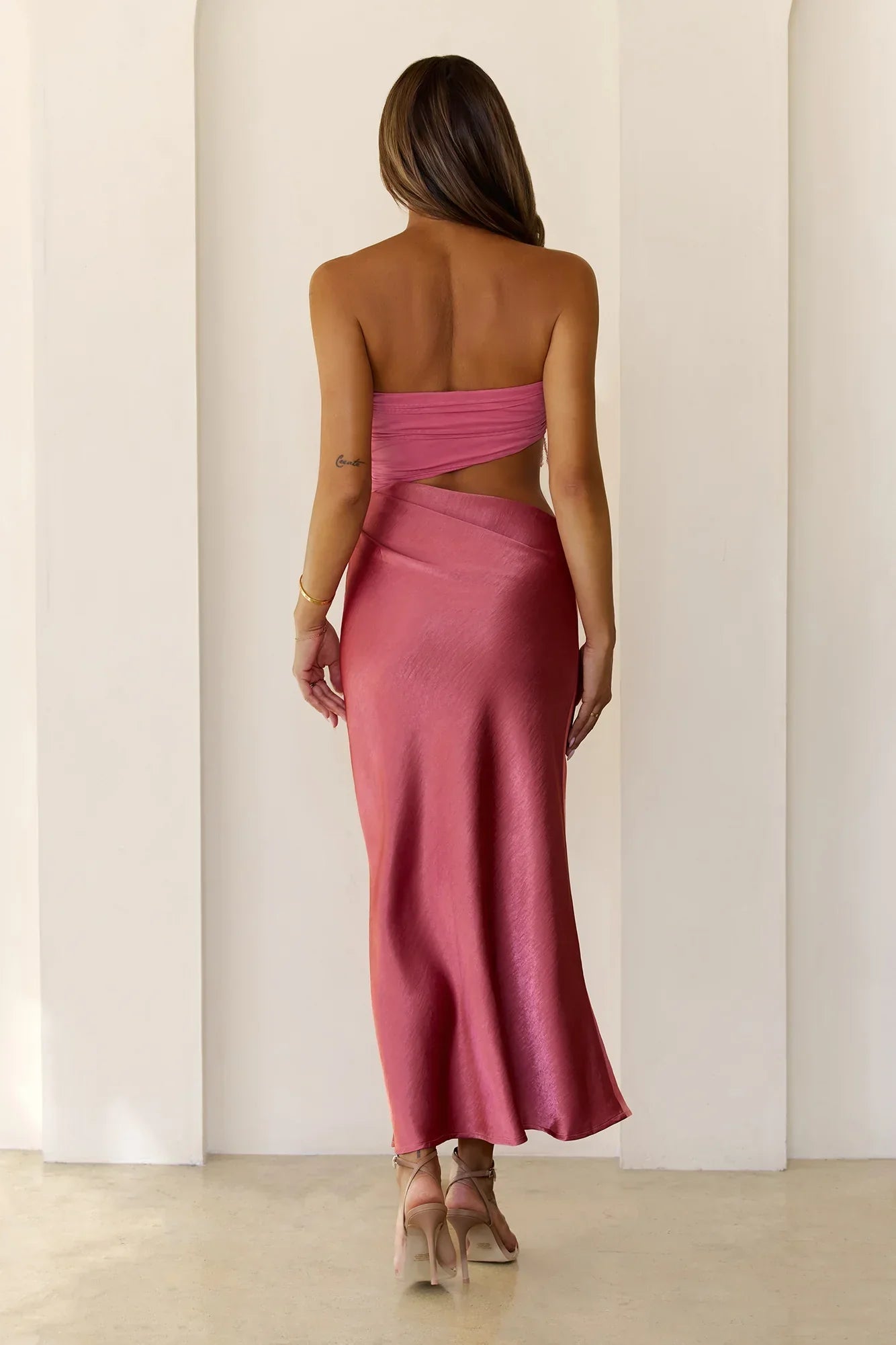 Dusk Luxe Satin Strapless Maxi Dress Rose