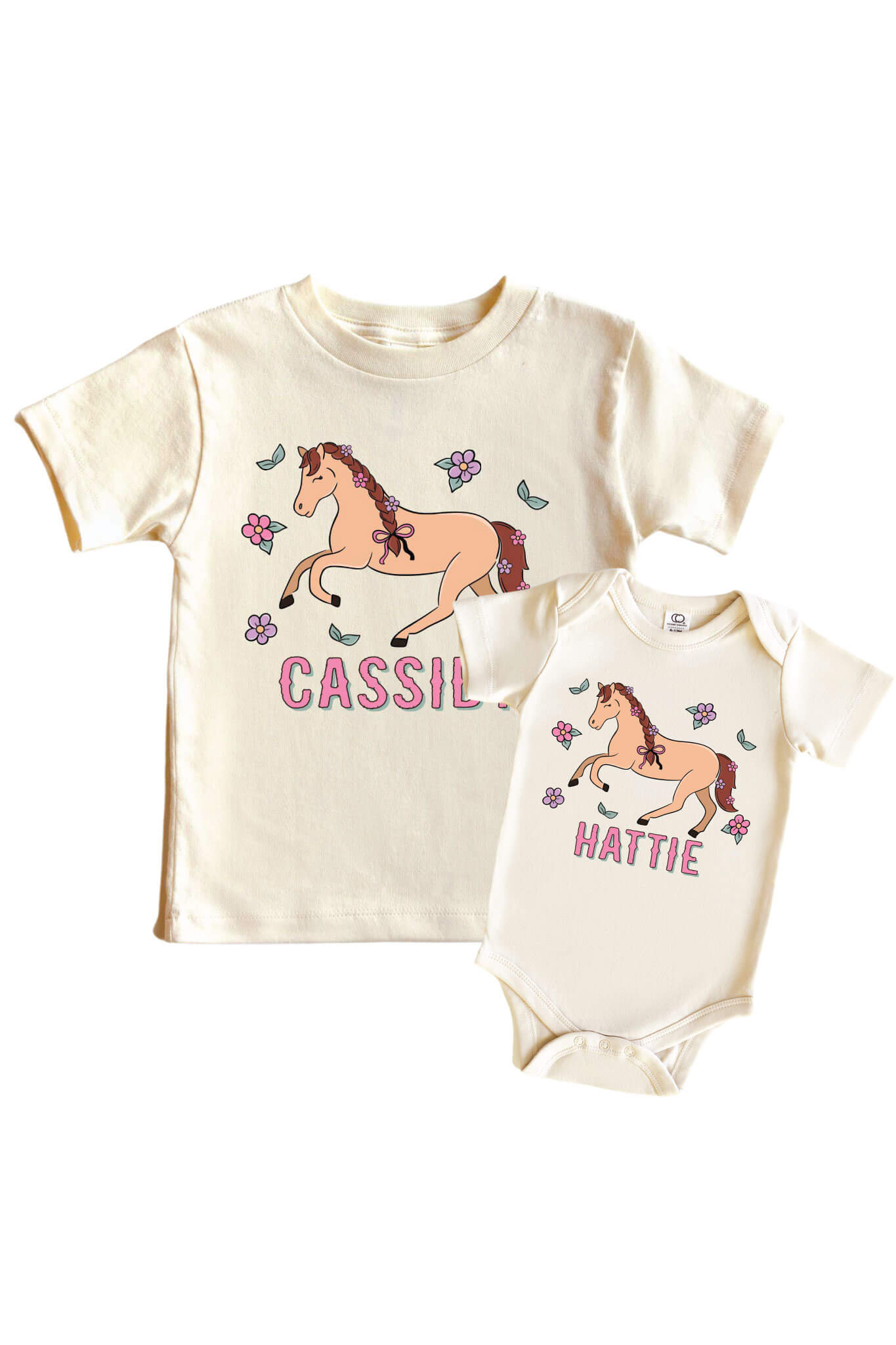 Personalized Pony Club Pink Graphic Bodysuit & Kids Tee | Natural